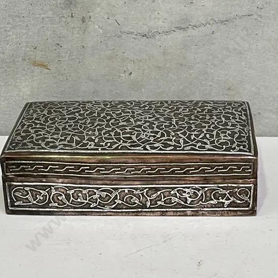Antique Solid Copper and Silver detail Islamic Mamluk Box. Wood Lined. 19 x 11cm H5.5cm