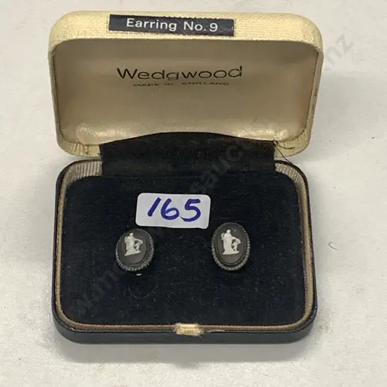 Rare Wedgwood Sterling Silver Mounted Black Jasper Ware earrings. In Original Box