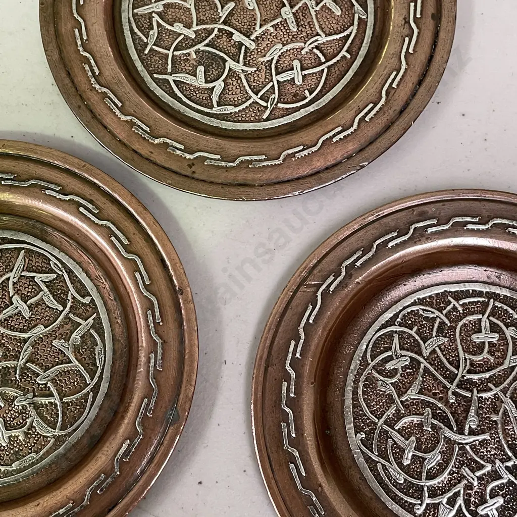 Antique Solid Copper and Silver detail Islamic Mamluk Coasters x 3 Dia 11cm Image 1++