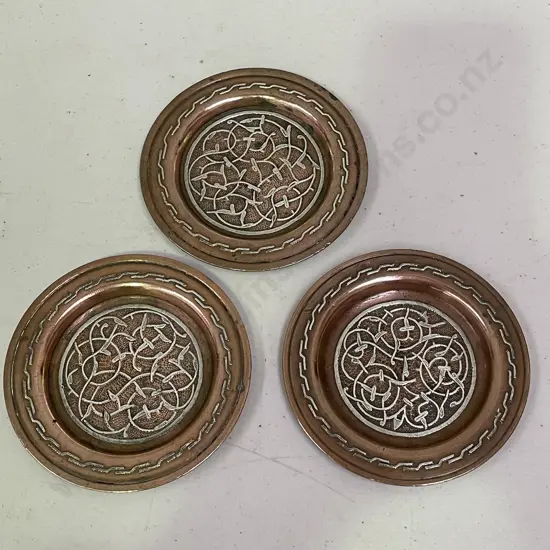Antique Solid Copper and Silver detail Islamic Mamluk Coasters x 3 Dia 11cm