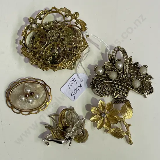 Vintage Brooches x 3 with Ornate Brass Lipstick holder