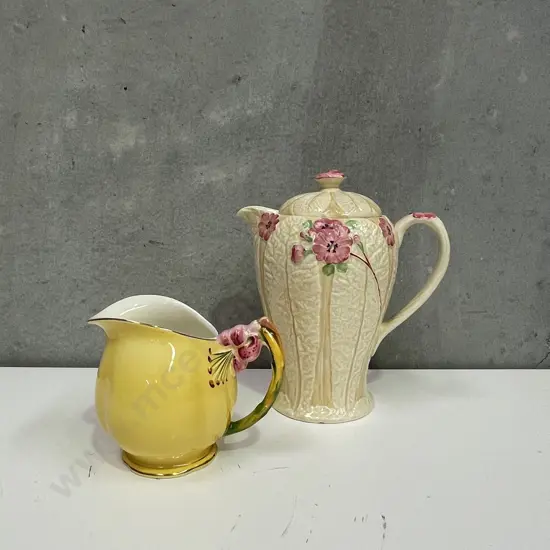 Grimwades Rubian Art Pottery Primula lidded Pot with Royal Winton yellow Hibiscus Jug