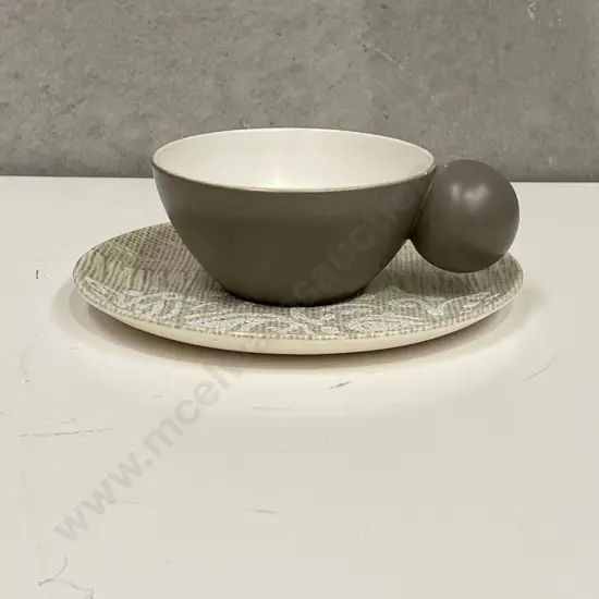 Rare Crown Lynn Dorothy Thorpe Monterray cup and saucer. Laguna ball cup with relief enamel on saucer.