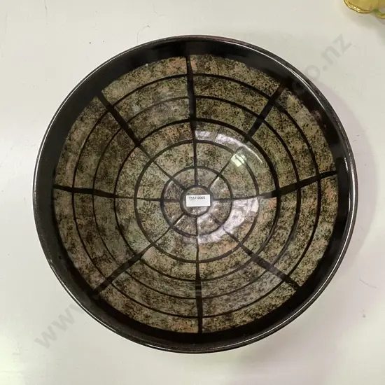 Large New Zealand Pottery Bowl Signed Barry Doyle (on rim base). Mottled web pattern. Dia34cm H12.5cm