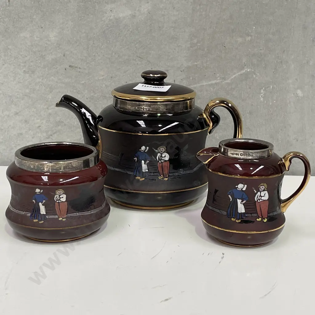 Tunnicliffe Dutch Themed 3 pce teaset. Sterling silver mounts hallmarked MB&Co, Anchor, Lion, 'r'.AF to teapot spout Image 1++