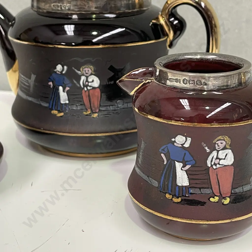 Tunnicliffe Dutch Themed 3 pce teaset. Sterling silver mounts hallmarked MB&Co, Anchor, Lion, 'r'.AF to teapot spout Image 1++