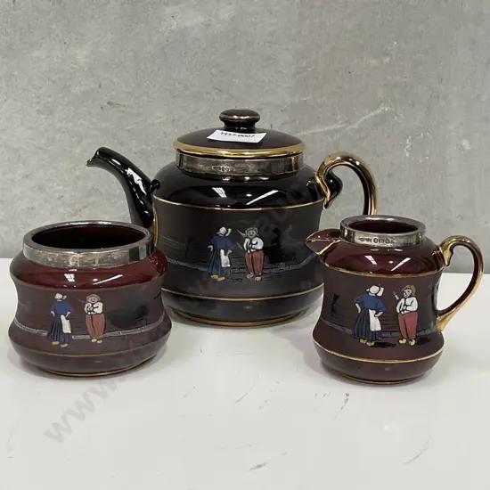 Tunnicliffe Dutch Themed 3 pce teaset. Sterling silver mounts hallmarked MB&Co, Anchor, Lion, 'r'.AF to teapot spout