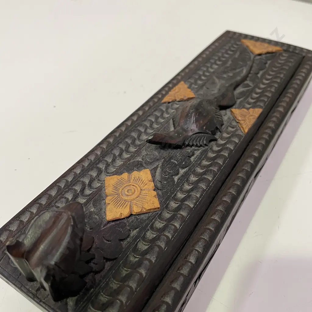 Antique Carved Pencil Case. With Lizard and racoon. 27 x 9.5cm Image 1++