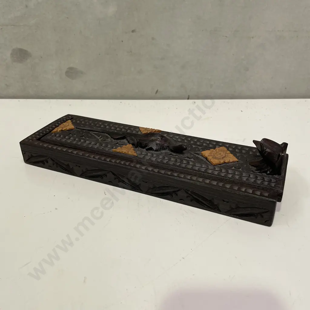 Antique Carved Pencil Case. With Lizard and racoon. 27 x 9.5cm Image 1++