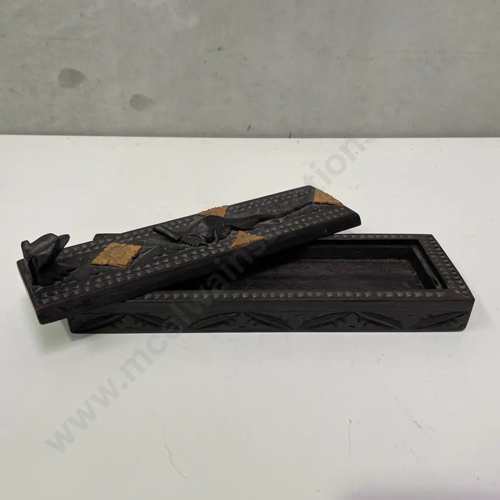 Antique Carved Pencil Case. With Lizard and racoon. 27 x 9.5cm Image 1++