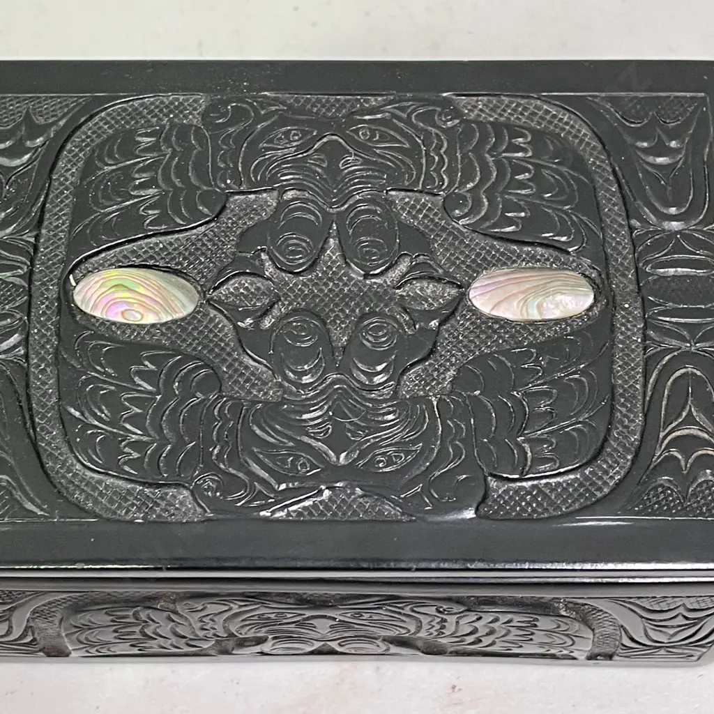 Heavy Carved Black Lacquered Box with Paua detail. 13 x 8.5cm H5.5 Image 1++