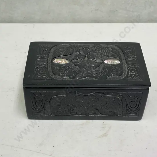 Heavy Carved Black Lacquered Box with Paua detail. 13 x 8.5cm H5.5