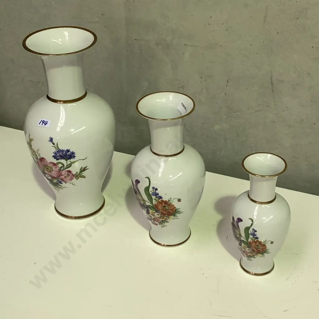 Trio of Alt Tirschenreuth German Vases. Floral decoration front and back. Graduating sizes. H32, 26, 20cm Image 1++