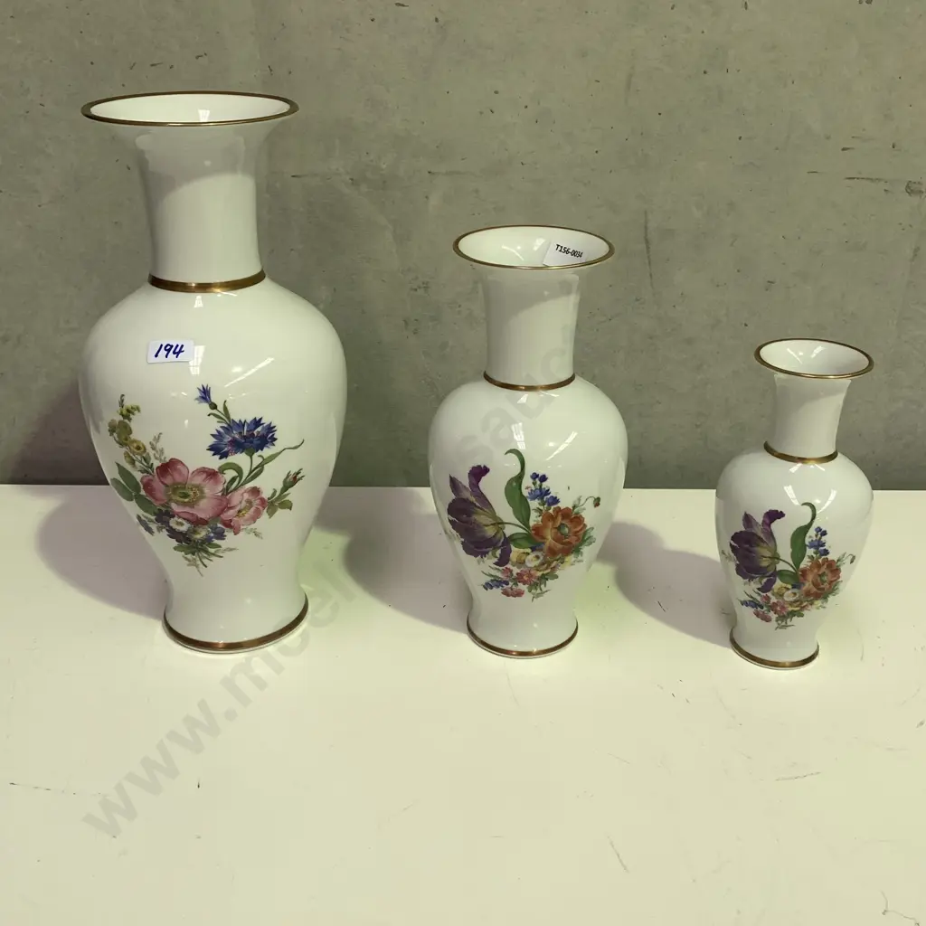 Trio of Alt Tirschenreuth German Vases. Floral decoration front and back. Graduating sizes. H32, 26, 20cm Image 1++