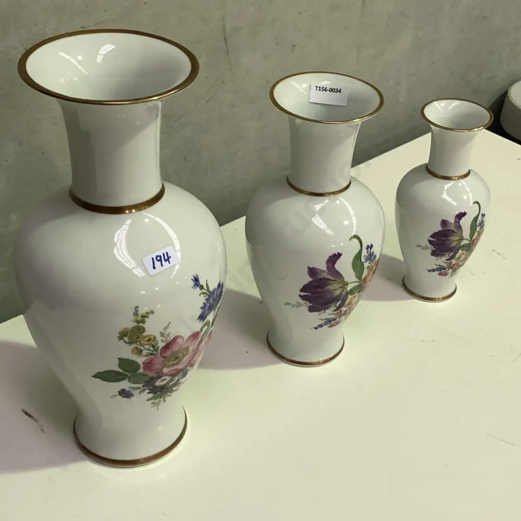 Trio of Alt Tirschenreuth German Vases. Floral decoration front and back. Graduating sizes. H32, 26, 20cm Image 1++