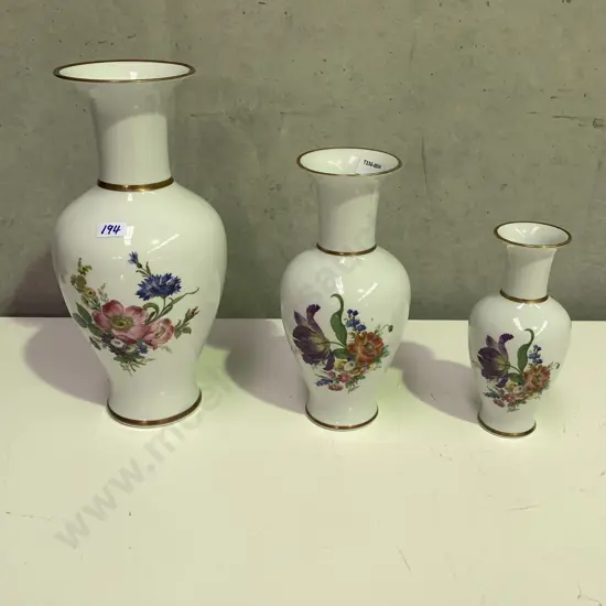 Trio of Alt Tirschenreuth German Vases. Floral decoration front and back. Graduating sizes. H32, 26, 20cm