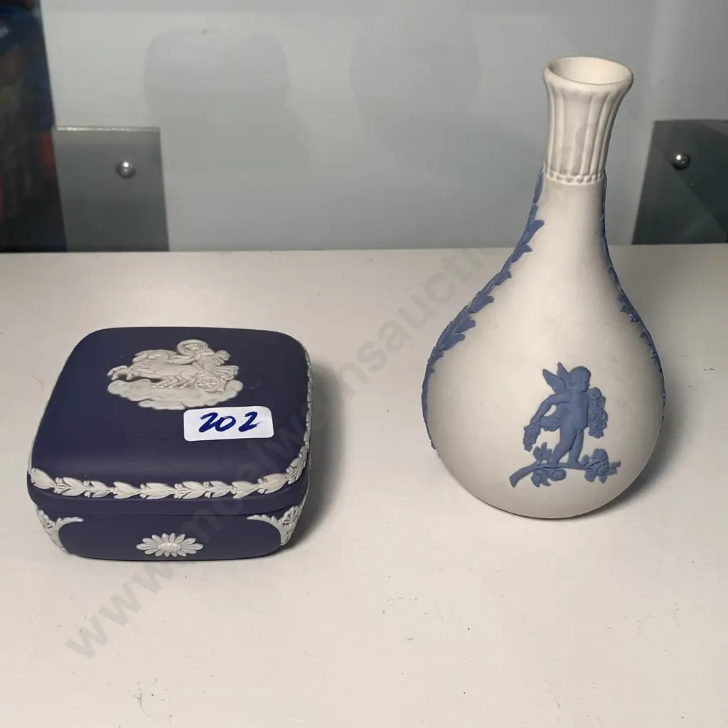 Wedgwood x 2 items. Cobalt blue Jasper ware lidded trinket box 8 x 8cm H4.5 and White and Blue relief Vase H14cm Image 1++