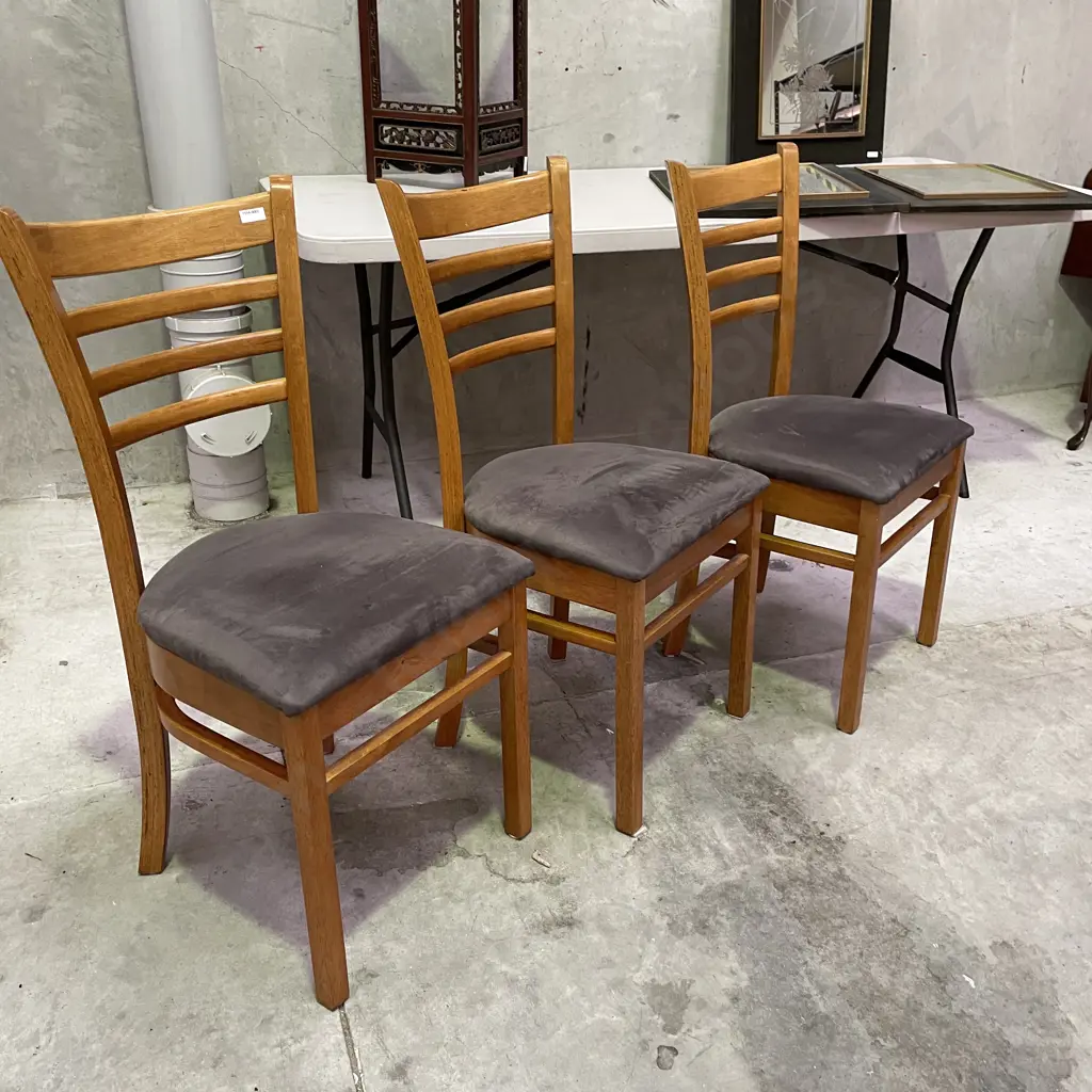 3 x Slat Back Dining Chairs with grey microfibre fabric seats Image 1++