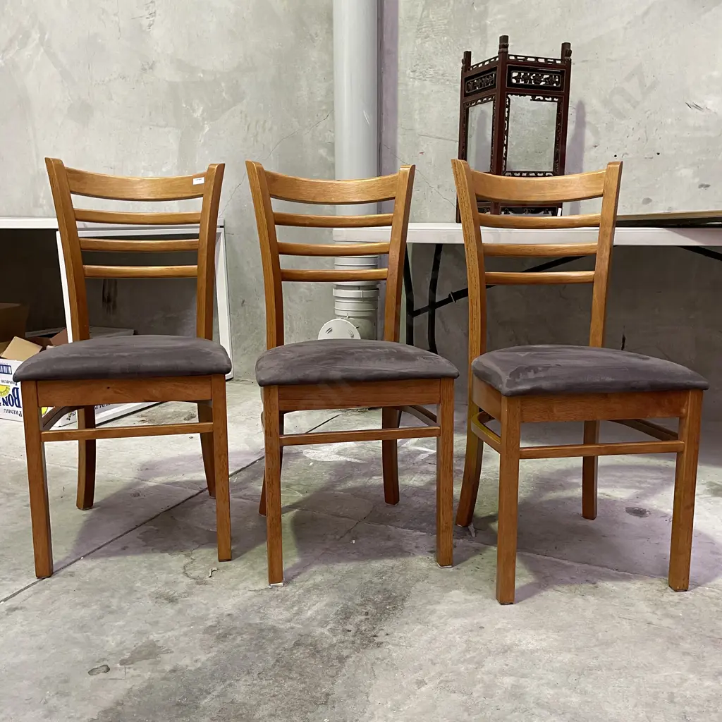3 x Slat Back Dining Chairs with grey microfibre fabric seats Image 1++