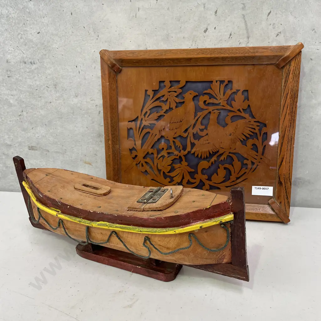 Two Carved Wooden Items: Boat Money Box and Carved Bird Tray Image 1++