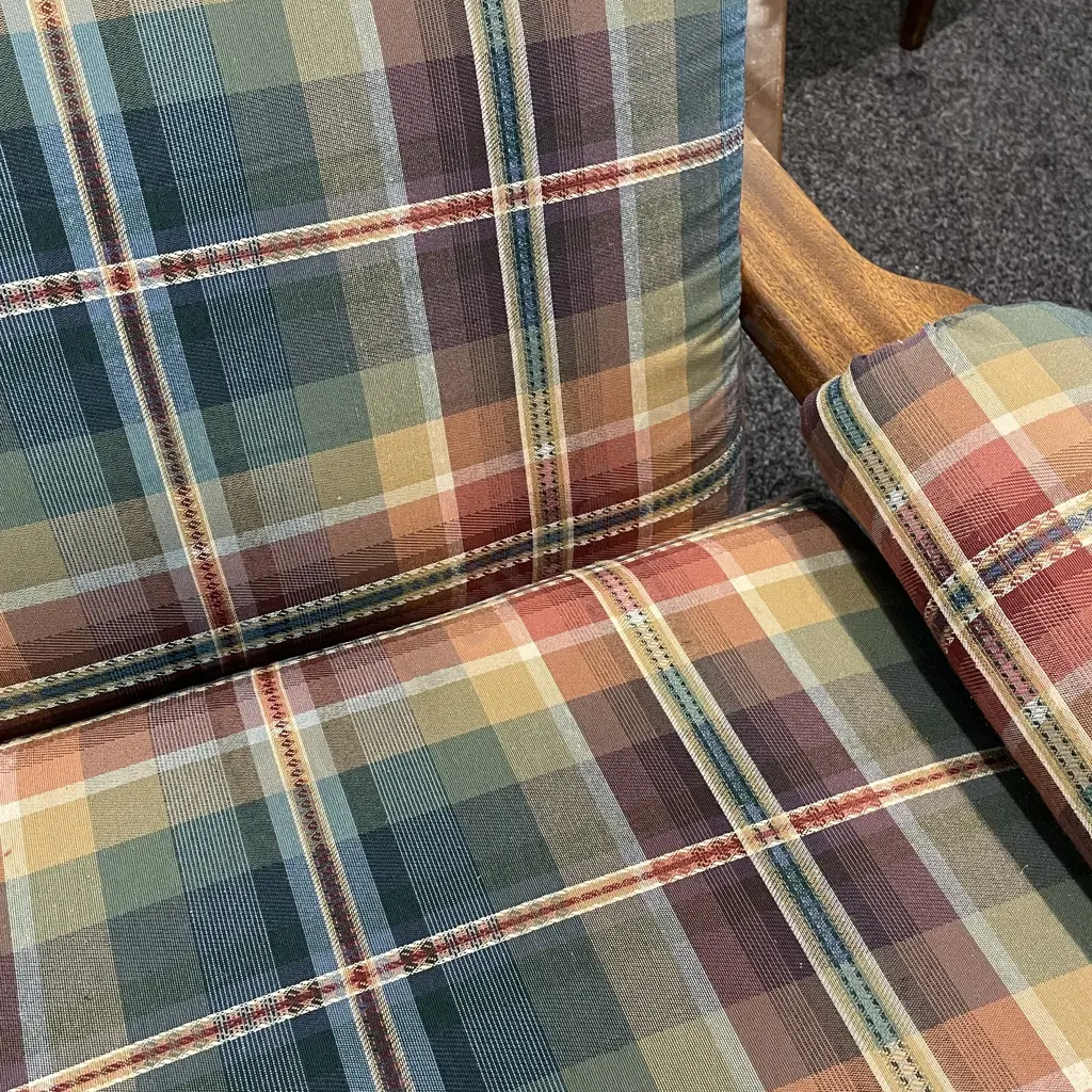 Mid Century Style Mahogany Framed Wide 3 pce Lounge Suite. Tartan fabric cushions.  Image 1++
