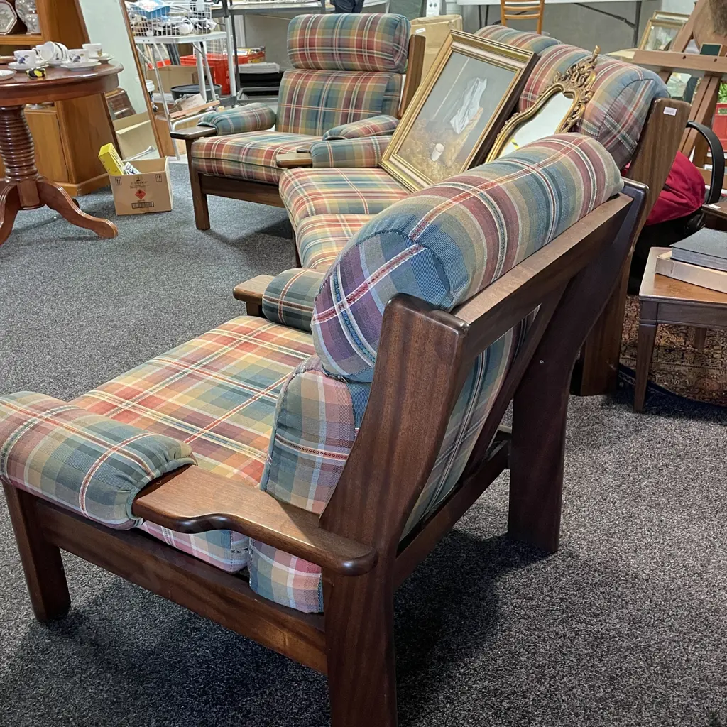 Mid Century Style Mahogany Framed Wide 3 pce Lounge Suite. Tartan fabric cushions.  Image 1++