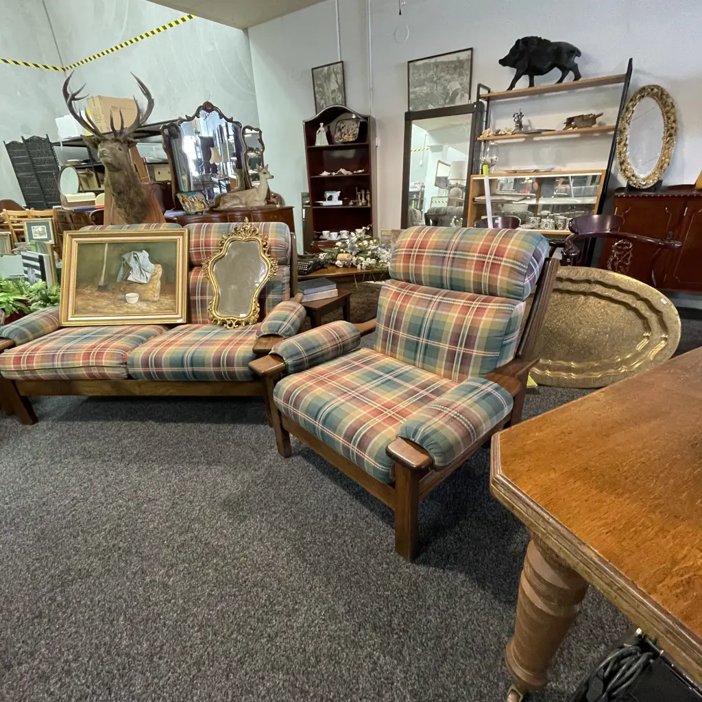 Mid Century Style Mahogany Framed Wide 3 pce Lounge Suite. Tartan fabric cushions.  Image 1++