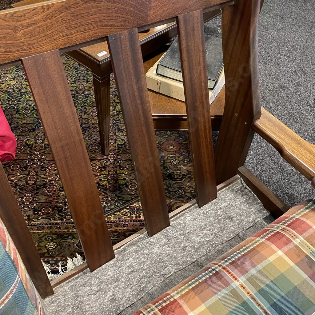 Mid Century Style Mahogany Framed Wide 3 pce Lounge Suite. Tartan fabric cushions.  Image 1++