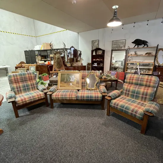 Mid Century Style Mahogany Framed Wide 3 pce Lounge Suite. Tartan fabric cushions. 