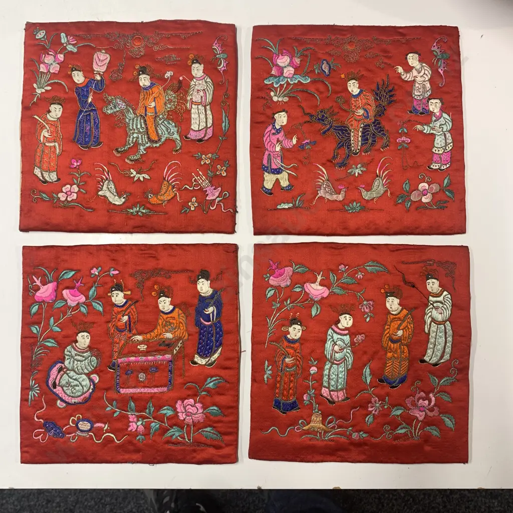 Vintage Set of 4 Japanese Silk Placemats/Pillow ends Image 1++