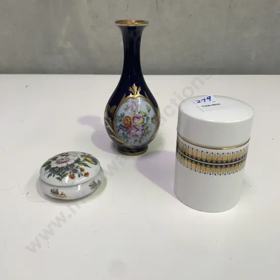Vintage Porcelain items including Limoges Vase H19cm, Limoge trinket dish and Wedgwood Lidded Cannister