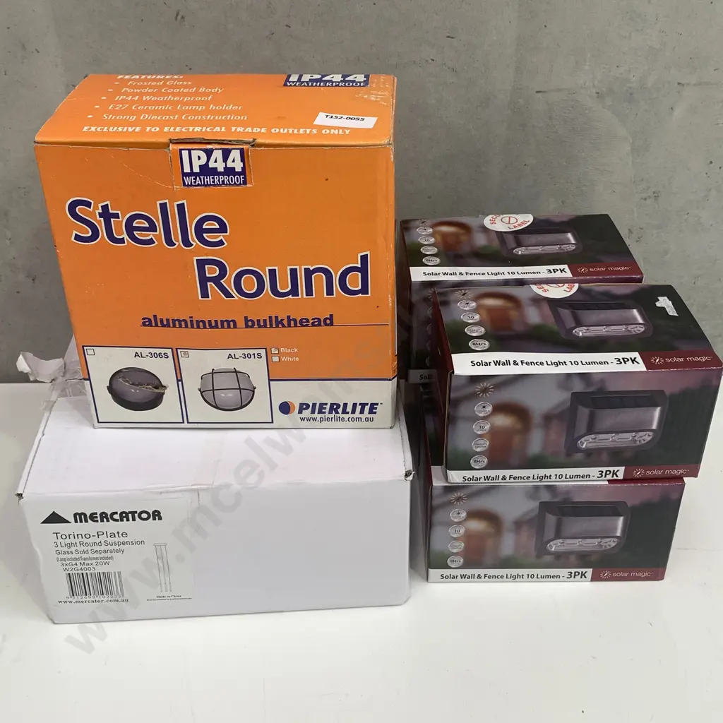 4 x As New 3 Pk Solar Wall and Fence Light - 10 Lumen, with Mecator Torino-Plate Suspension Light and Bulkhead Light Image 1++