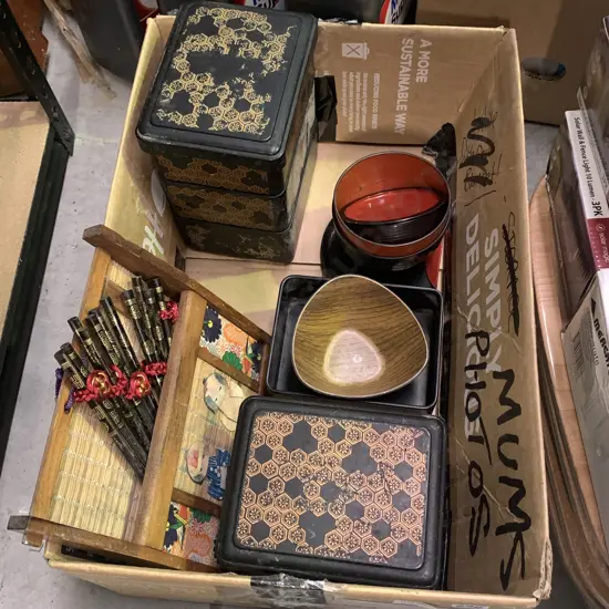 Assorted Asian items including lacquered boxes etc