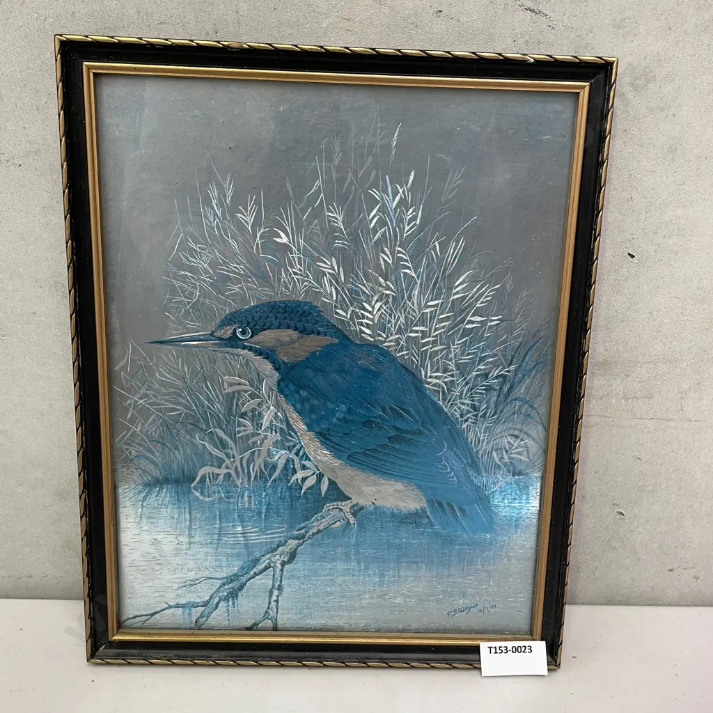 P. Sturgess Framed Foil Artwork of a Kingfisher. Signed and dated 16-9-77. 28 x 23cm Image 1++