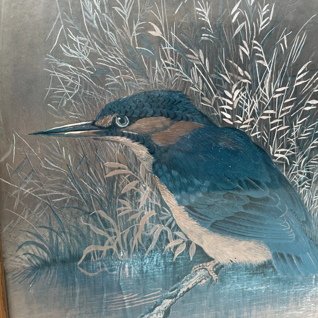 P. Sturgess Framed Foil Artwork of a Kingfisher. Signed and dated 16-9-77. 28 x 23cm Image 1++