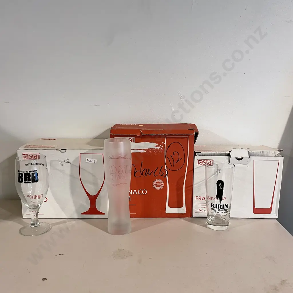 Assorted Rastal Branded Beer glasses. 5 Kirin, 4 Wild Side Cider and boxed set of 6 Boundary Road Brewery Image 1++