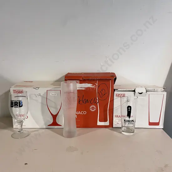 Assorted Rastal Branded Beer glasses. 5 Kirin, 4 Wild Side Cider and boxed set of 6 Boundary Road Brewery