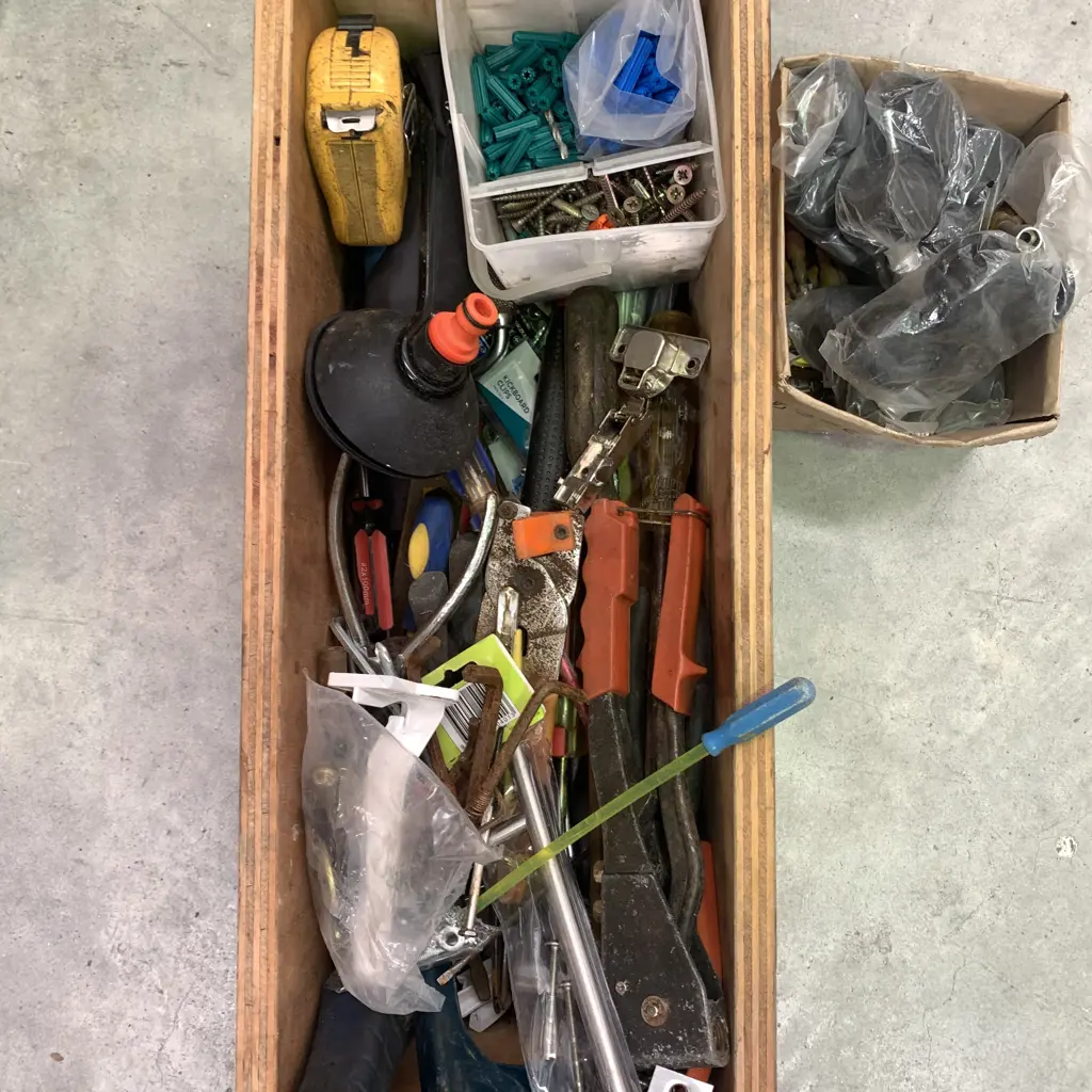 Wooden Box of Hand tools etc Including Rivet Guns, Fence Staplers etc Image 1++