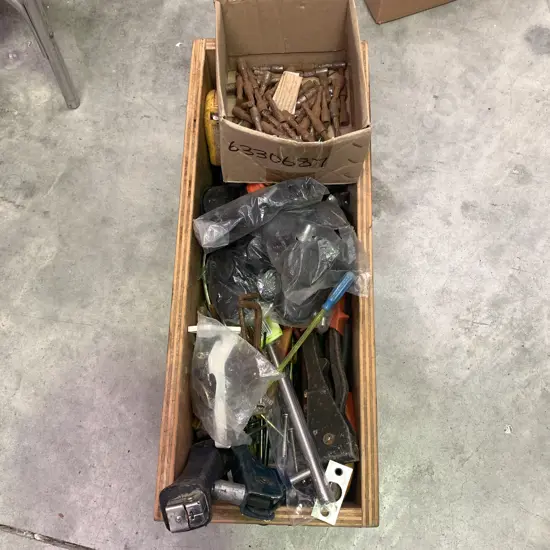 Wooden Box of Hand tools etc Including Rivet Guns, Fence Staplers etc