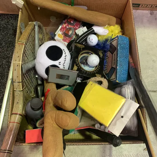 Box Lot of assorted Golfing items with vintage Tennis racket