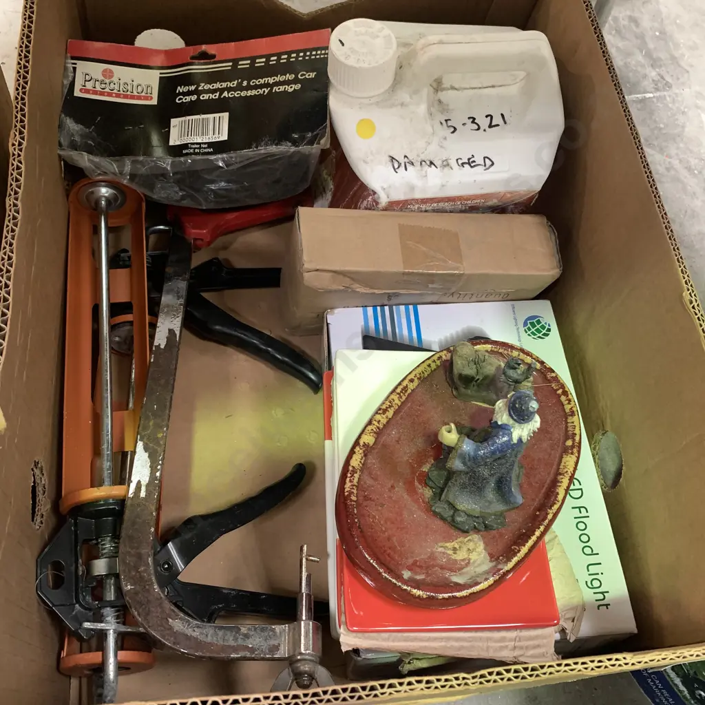 Box Lot LED Flood Light, Deck Stain, Trailer Tie Down Net, plates etc Image 1++