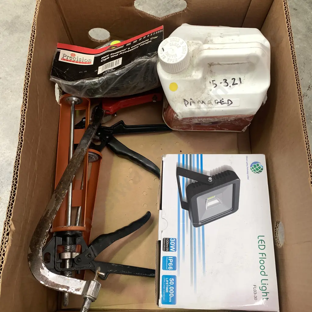 Box Lot LED Flood Light, Deck Stain, Trailer Tie Down Net, plates etc Image 1++