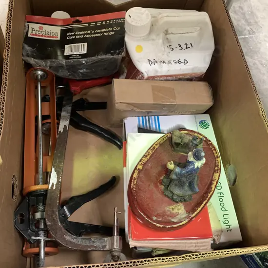 Box Lot LED Flood Light, Deck Stain, Trailer Tie Down Net, plates etc