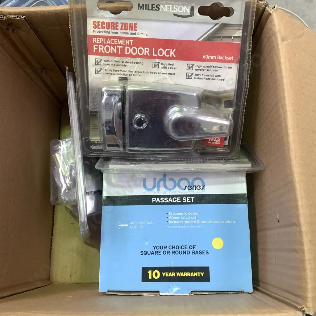 As new Box lot of Door Handles - 3 x Replacement Front Door Locks with keys + Passage Set x 2 Image 1++