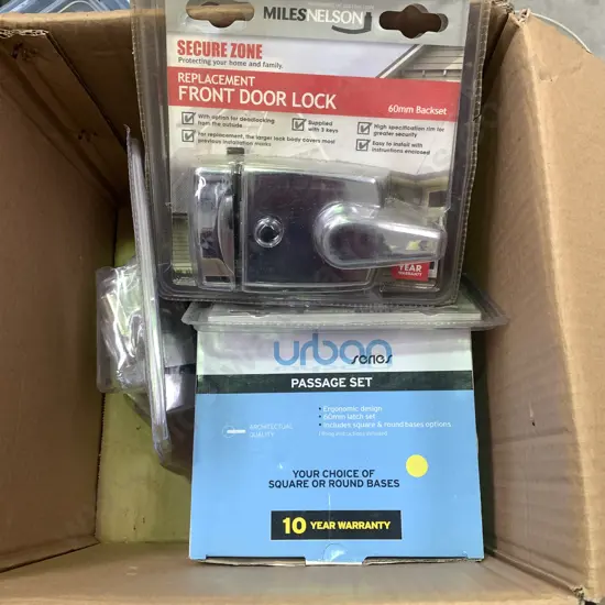 As new Box lot of Door Handles - 3 x Replacement Front Door Locks with keys + Passage Set x 2