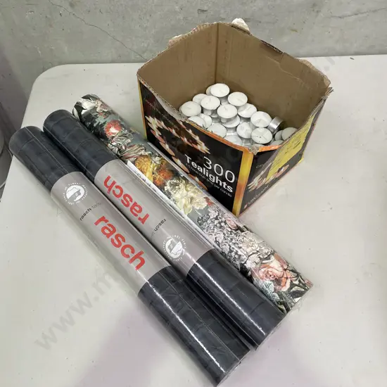3 Rolls Rasch Wallpaper (as new) with Box tealight candles