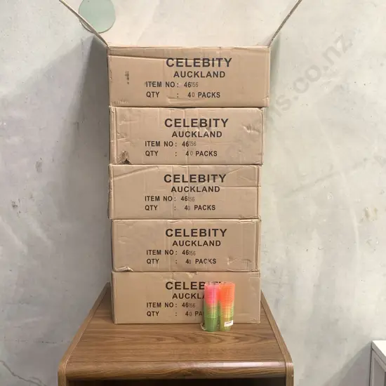 5 x Boxes of Celebity Celebration Multi-coloured shot glasses. Each box contains 160 units