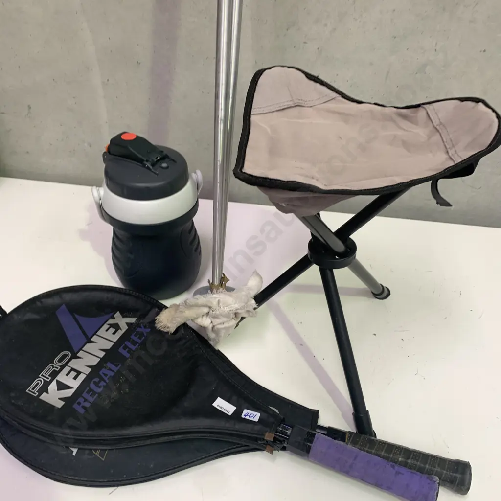 Two Tennis Rackets, folding seat and Pair Ski Poles with Kathmandu Water Cannister Image 1++