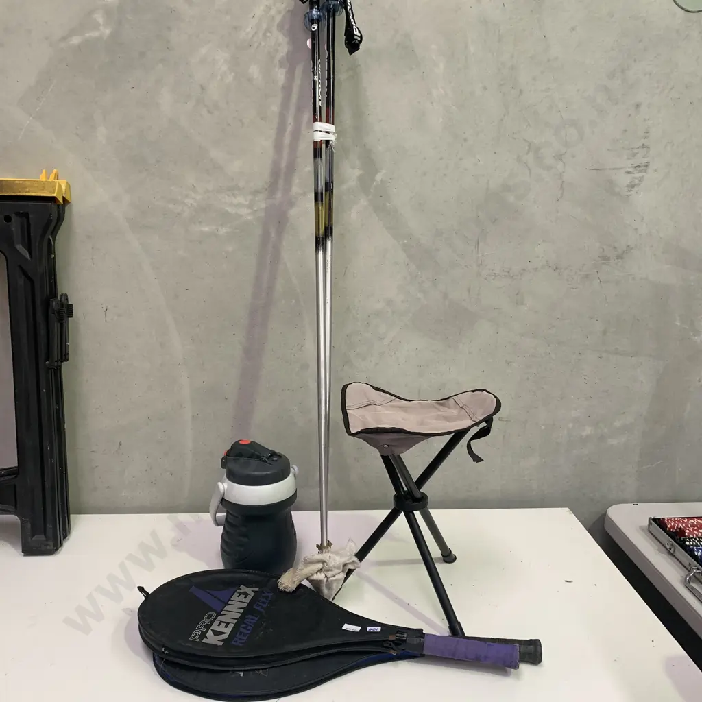 Two Tennis Rackets, folding seat and Pair Ski Poles with Kathmandu Water Cannister Image 1++