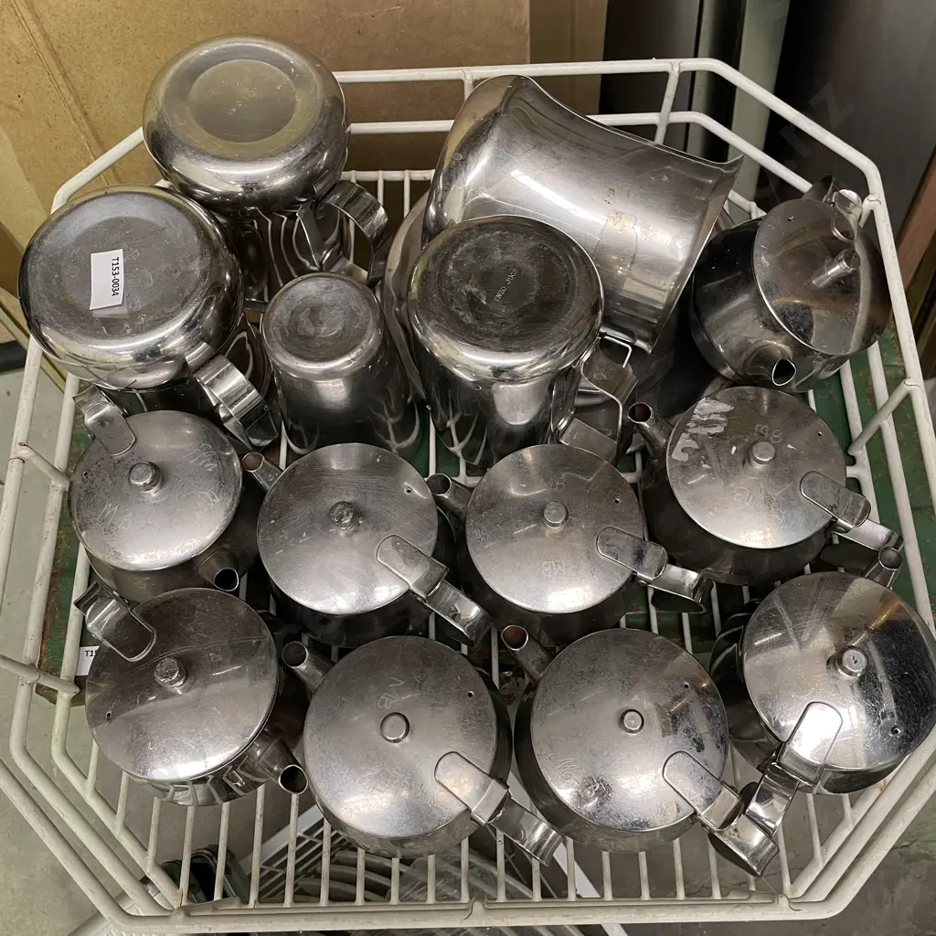 Commercial Dishwash Rack with Assorted Stainless Steel Sugar bowls and jugs Image 1++